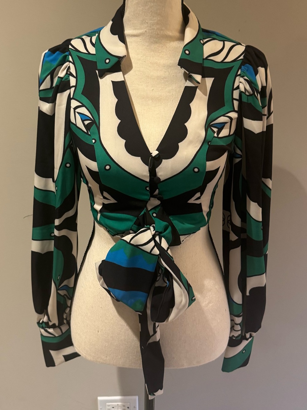 Womens Green Black White Printed Tie-Front Blouse